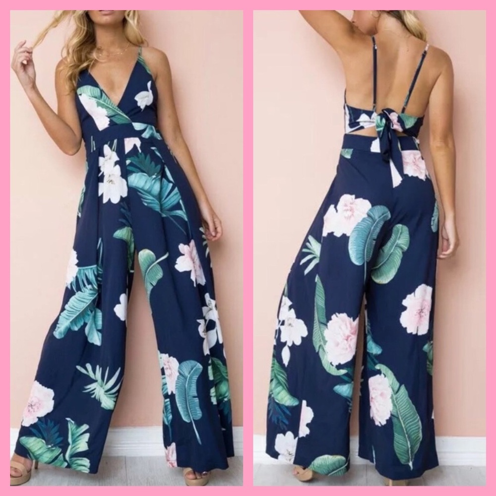 🌸”BLUE HAWAII”🌸PALM LEAVES FLORAL JUMPSUIT-NEW
